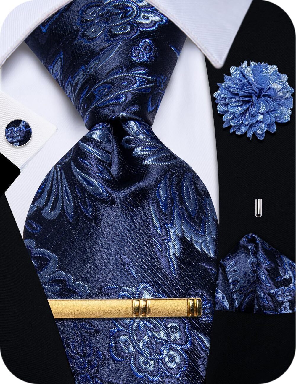 6918 Blue Silk Ties and Pocket Square Set Woven Floral Tie with Lapel Pin